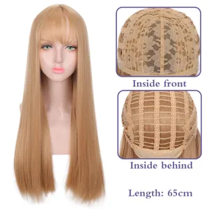 Perruque longue et lisse blonde avec frange 65cm cheveux synthétiques résistants mode