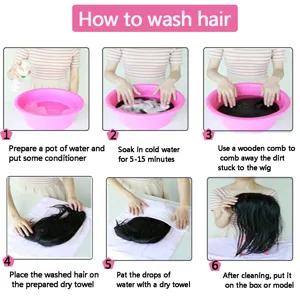Guide étape par étape du lavage de perruque montrant les détails pour un entretien correct.