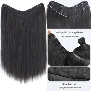 Pièce d'Extension de Cheveux en V pour Femmes Longue Lisse Fibre Synthétique Postiche Résistant à la Chaleur Pinces Invisibles Extension de Cheveux Quotidien Fête