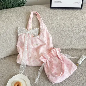 Süß Rosa Streublumen Polyester Umhängetasche Spitzenbesatz Schleife Offen Tote Handtasche Für Damen Frühling Sommer Lässig Täglich