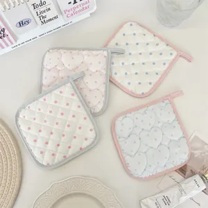 Korean style quilted hot pad coaster, cute heart and polka dot pattern for tabletop decoration.