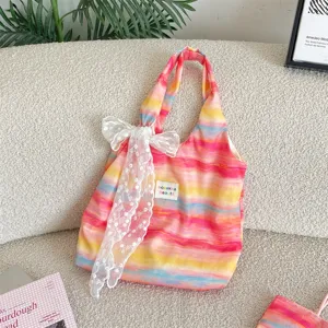 Women Dopamine Colorful Tie-Dye Striped Canvas Bag Sweet Lace Bowknot Shoulder Bag Casual Large Capacity Vest Tote Bag For Vacation Shopping