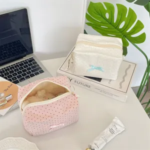 Borsa cosmetica in tessuto a pois in stile coreano Ins, custodia da scrivania per ragazze dolci.