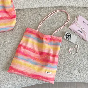 Colorful watercolor stripe canvas tote bag, cute dopamine style shopping shoulder handbag for girls.