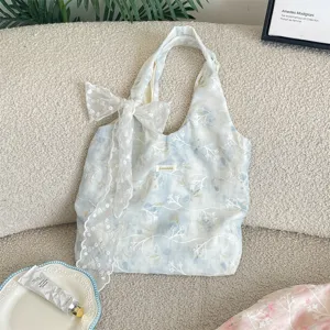 Sweet Tie Dye Flower Embroidered Canvas Shoulder Bag Elegant Lace Bowknot Strap Tote Handbag Gentle Soft Vest Bag For Women Daily Wear