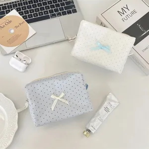 Borsa da Trucco in Tessuto a Pois Stile Coreano con Fiocco Organizer da Scrivania Portatile per Viaggi Donna