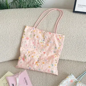 Koreanischer Stil blumenbestickte rosa Tragetasche, leichte lässige Schultertasche für den Alltag.