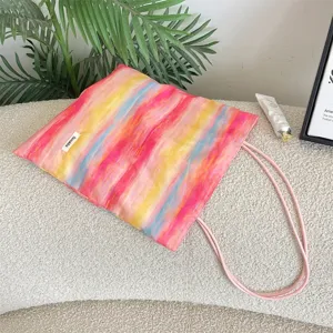 Colorful watercolor striped canvas tote bag for women, casual style daily shoulder handbag.