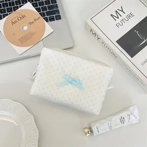 Borsa cosmetica in tessuto a pois stile coreano graziosa custodia da scrivania per viaggio.