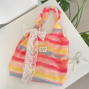 Dopamine colorful gradient striped canvas bag aesthetic cute sweet lace bow tote handbag.