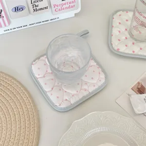 Korean style cream quilted coaster heat insulation mat, cute pink star pattern table decor.