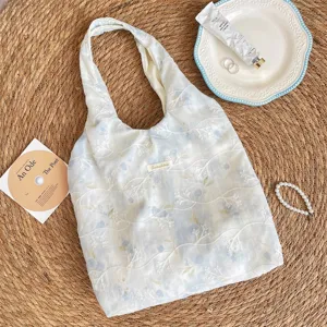 Floral embroidered canvas shoulder tote bag, aesthetic casual daily vest bag for women.