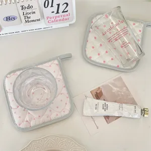 Korean Style Cream Polka Dot Quilted Coaster Heat Resistant Fabric Cup Mat For Coffee Milk Tea Desktop Decorative Pad
