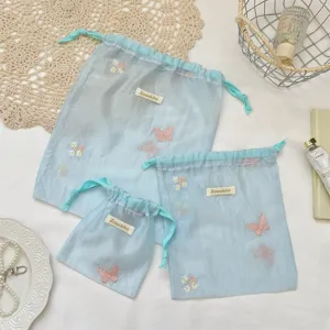 Organza koord opbergtassen set, schattige bloemen borduurwerk stijl blauw zakje