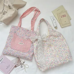 Schattige bloemen canvas tote tas met kattenoor zak en strik voor dagelijkse opberging
