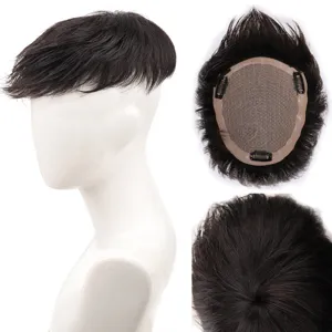 Men human hair toupee hairpiece breathable base with three clips natural black 18x16cm