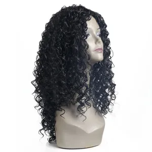 Long curly black lace front wig for women, detailed view of small curl synthetic hair.