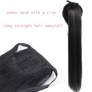 Long straight hair ponytail extension with clip and inner mesh for women black hair style.