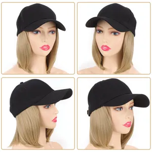 Women Fashion Canvas Baseball Cap With Short Straight Bob Wig Integrated Sun Protection Adjust Strap Outdoor Headwear