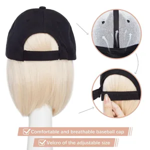 Detail view of black baseball cap with short blonde wig, breathable mesh and adjustable strap.
