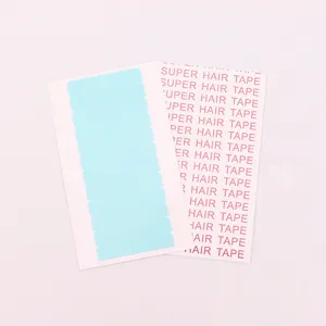 Close-up detail of blue hair extension tape strips on release paper, showing adhesive texture.