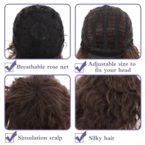 Men synthetic short curly wig detail showing breathable rose net, adjustable size and silky hair.