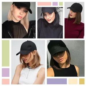 Detail view of the black canvas sun hat with short straight hair wig, stylish and useful.