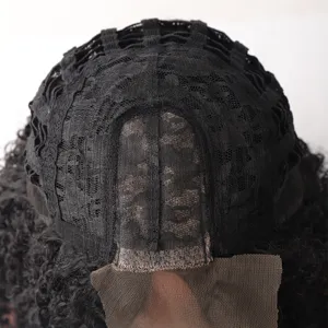 Wig lace front cap detail close up, breathable mesh inner structure for synthetic curly hair.