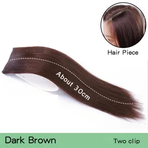 Dark brown hair extension piece 30cm straight synthetic hair with two clips for daily styling.