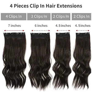Dettagli di 4 ciocche di capelli mossi con clip che mostrano varie dimensioni e lunghezze.