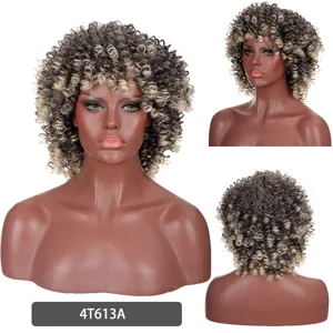 Short curly afro wig detail view, fluffy synthetic hair with gradient color design and natural look.