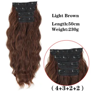 Extension capelli mossi con clip sintetiche, marrone chiaro, 50cm, 230g per volume.