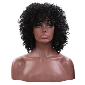 Close-up detail of fluffy short curly afro wig in black, premium synthetic fiber style.