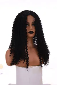 Black long curly front lace wig, fluffy synthetic hair extensions for women daily wear.