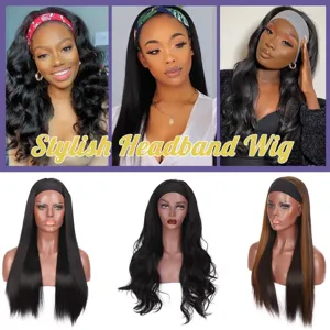 Dames Lang Steil Hoofdband Pruik Hittebestendige Synthetische Vezel Zwart Bruin met Highlights Mode Pruik