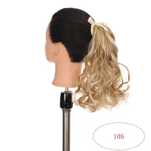 Synthetic wavy curly hair ponytail extension with cute bow, detailed view of hairpiece.