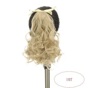 Curly blonde ponytail hair extension with cute yellow ribbon, 25cm high temperature fiber wig.
