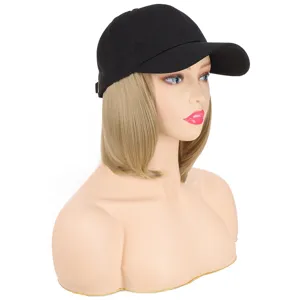 Black baseball cap with short straight blonde hair wig, stylish 2-in-1 sun hat for women.