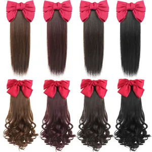 Détails de la perruque queue de cheval pour femme avec grand nœud rouge et fibre douce.