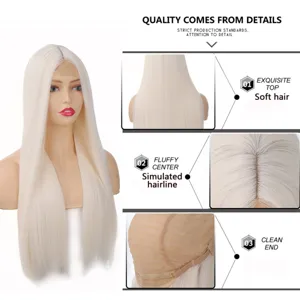 Detailed view of the 70cm white long straight synthetic wig, showing soft hair and hairline.