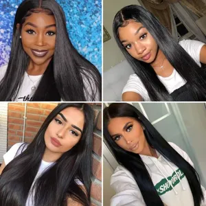Detail view of women middle part lace front long straight black wig heat resistant hair.