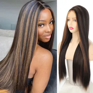 Close-up details of the long straight highlighted synthetic wig showing realistic texture and natural hairline.