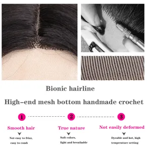 Synthetic lace front long black wig detail, bionic hairline and handmade crochet mesh cap base