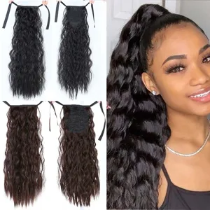 Detailed view of long wavy synthetic ponytail extension with drawstring net, natural look.