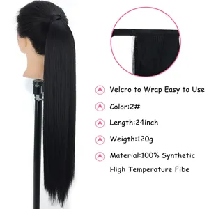 Lange glatte synthetische Pferdeschwanz Haarverlängerung mit Klettverschluss in Schwarz.