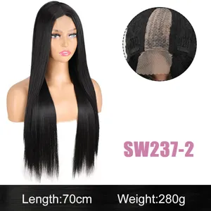 Lace front long straight black wig for women fashion 70cm heat resistant hair piece.