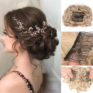 Synthetic curly hair bun extension with comb clip blonde updo hair piece for women