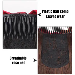 Extension de queue de cheval bouclée avec nœud rouge, peigne plastique et résille.