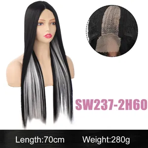 Long straight lace front synthetic wig with silver highlights, middle part, 70cm daily wear