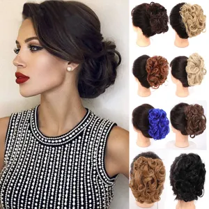 Detailed view showing synthetic hair bun updo color variants and model wearing effect.